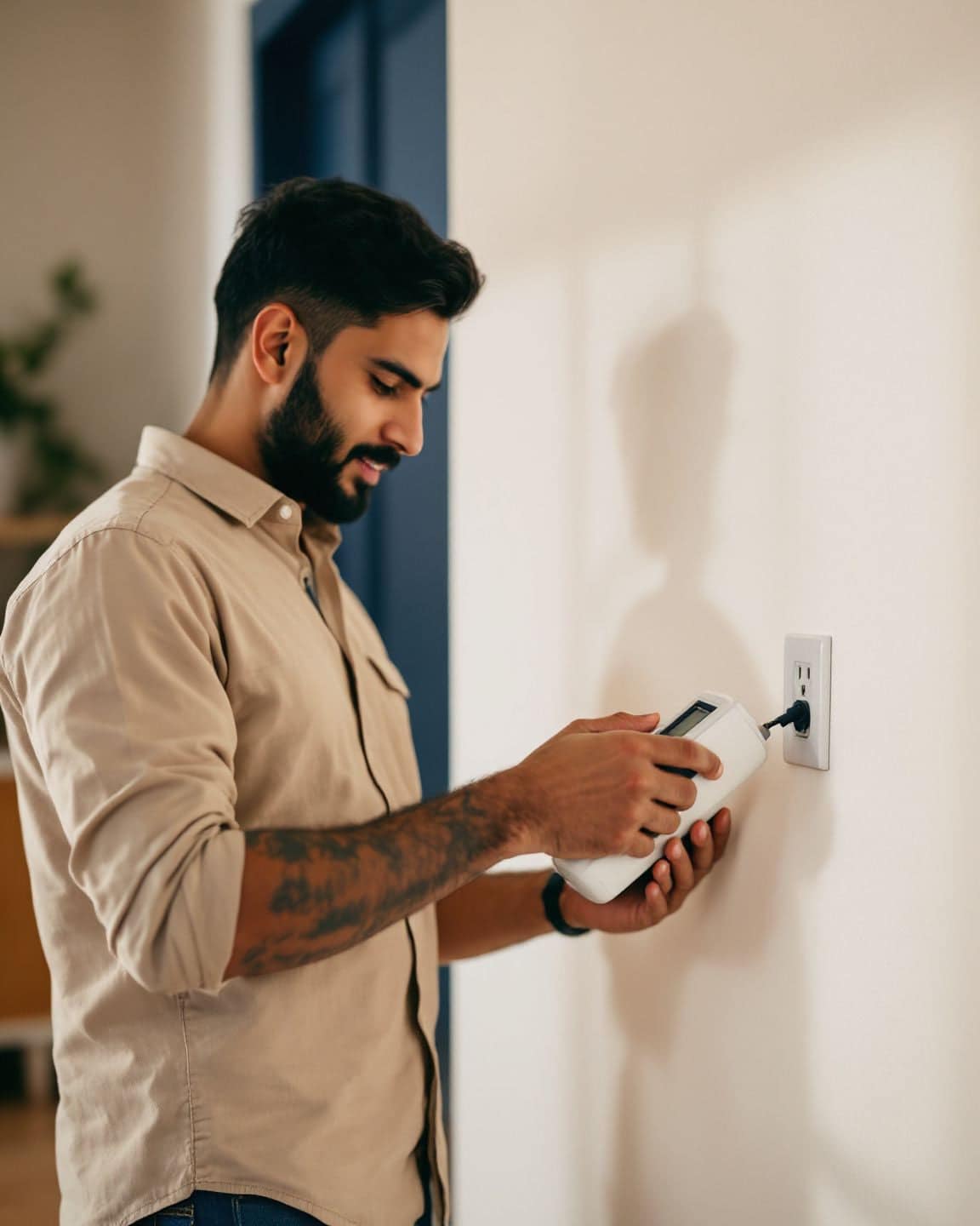 An electrician tests a wall outlet with a handheld tester in a living room.