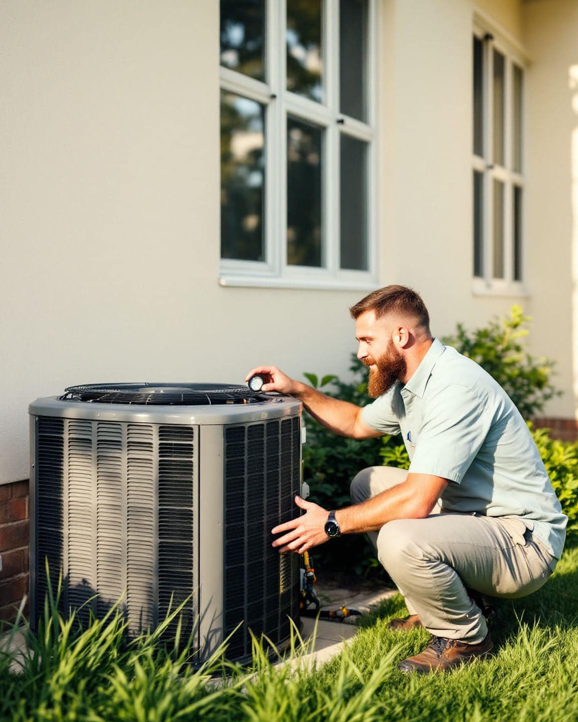 An HVAC technician kneels beside an outdoor air conditioning unit at the side of a house.
