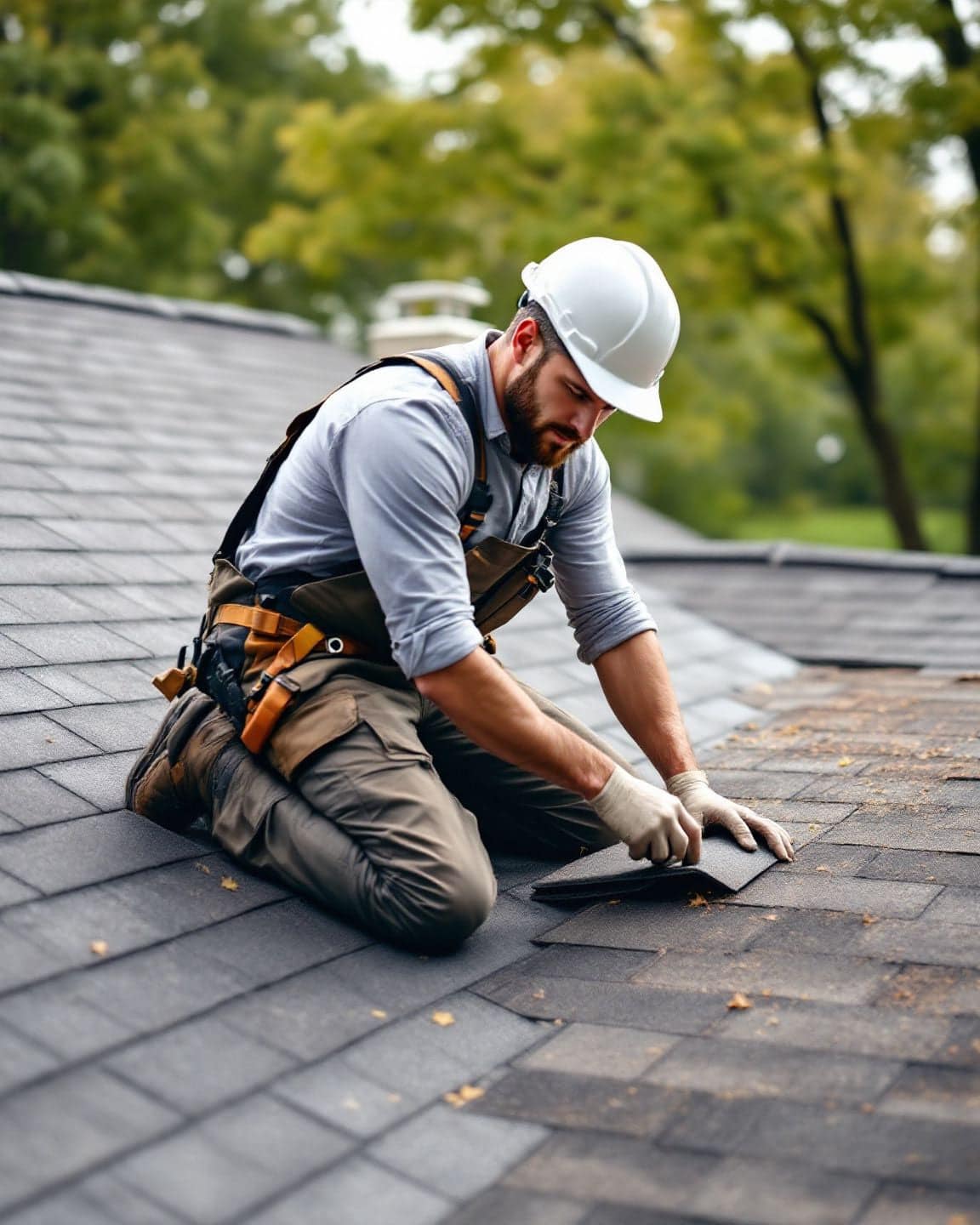 A roofer kneels on a pitched shingle roof, replacing shingles.