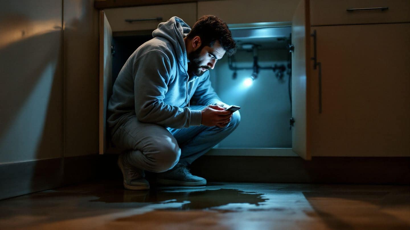 A man uses a flashlight to look at a leak under a kitchen sink at night.
