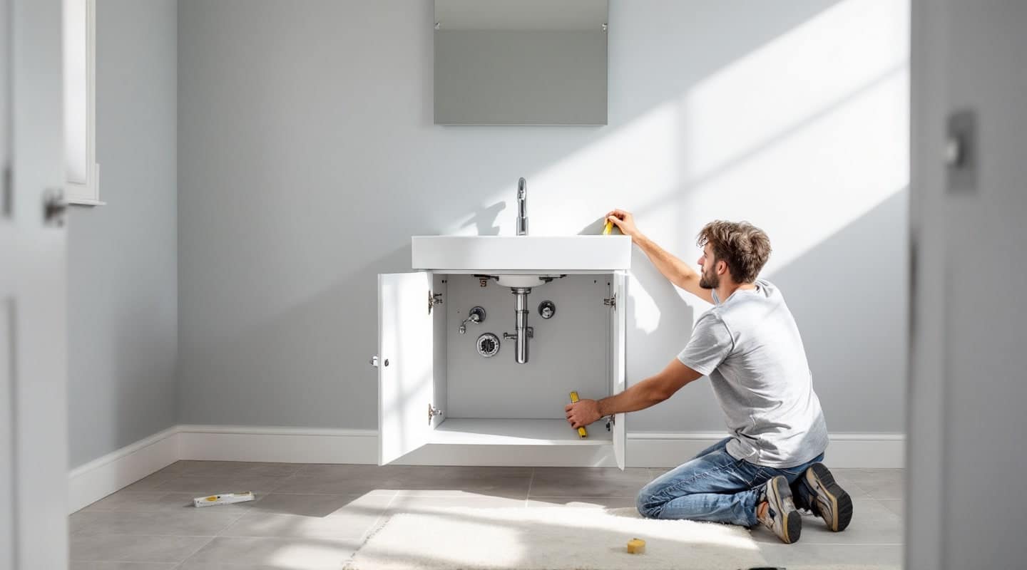 A man kneels beside a newly hung white vanity, its doors open to the drain trap and supply valves