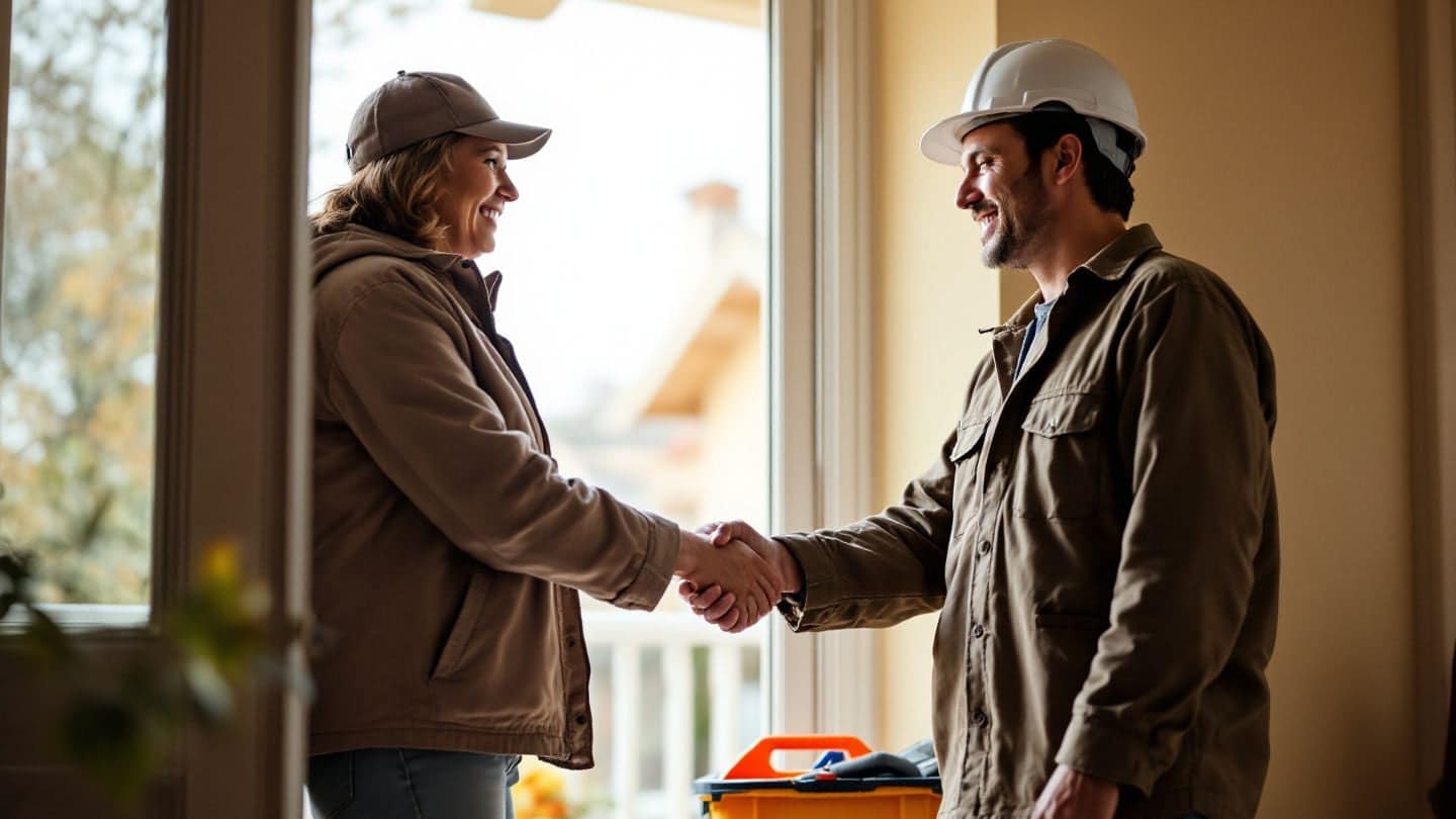 A homeowner shakes hands with a contractor at her front door.
