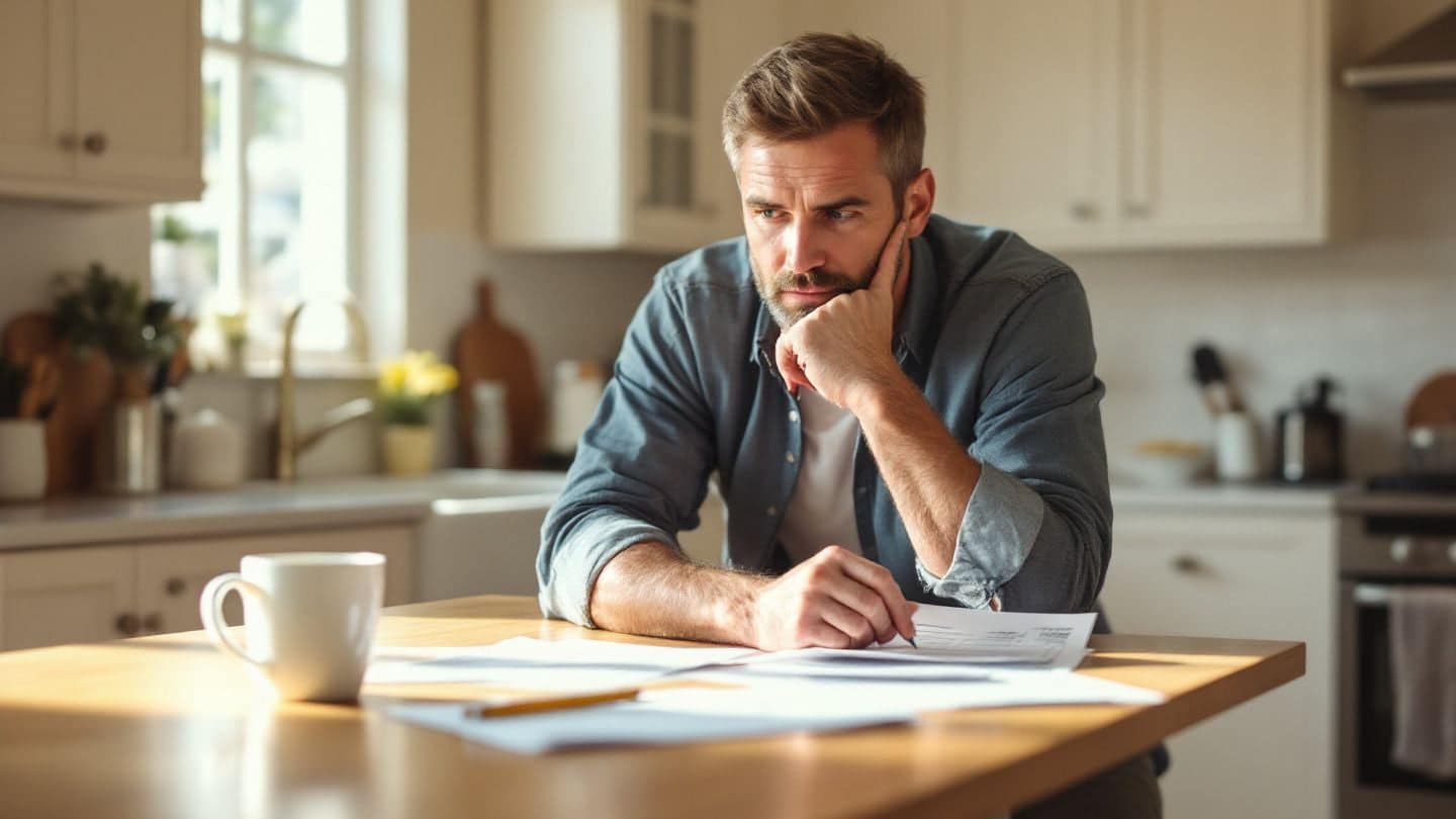 A homeowner looks over printed repair estimates at a kitchen island.