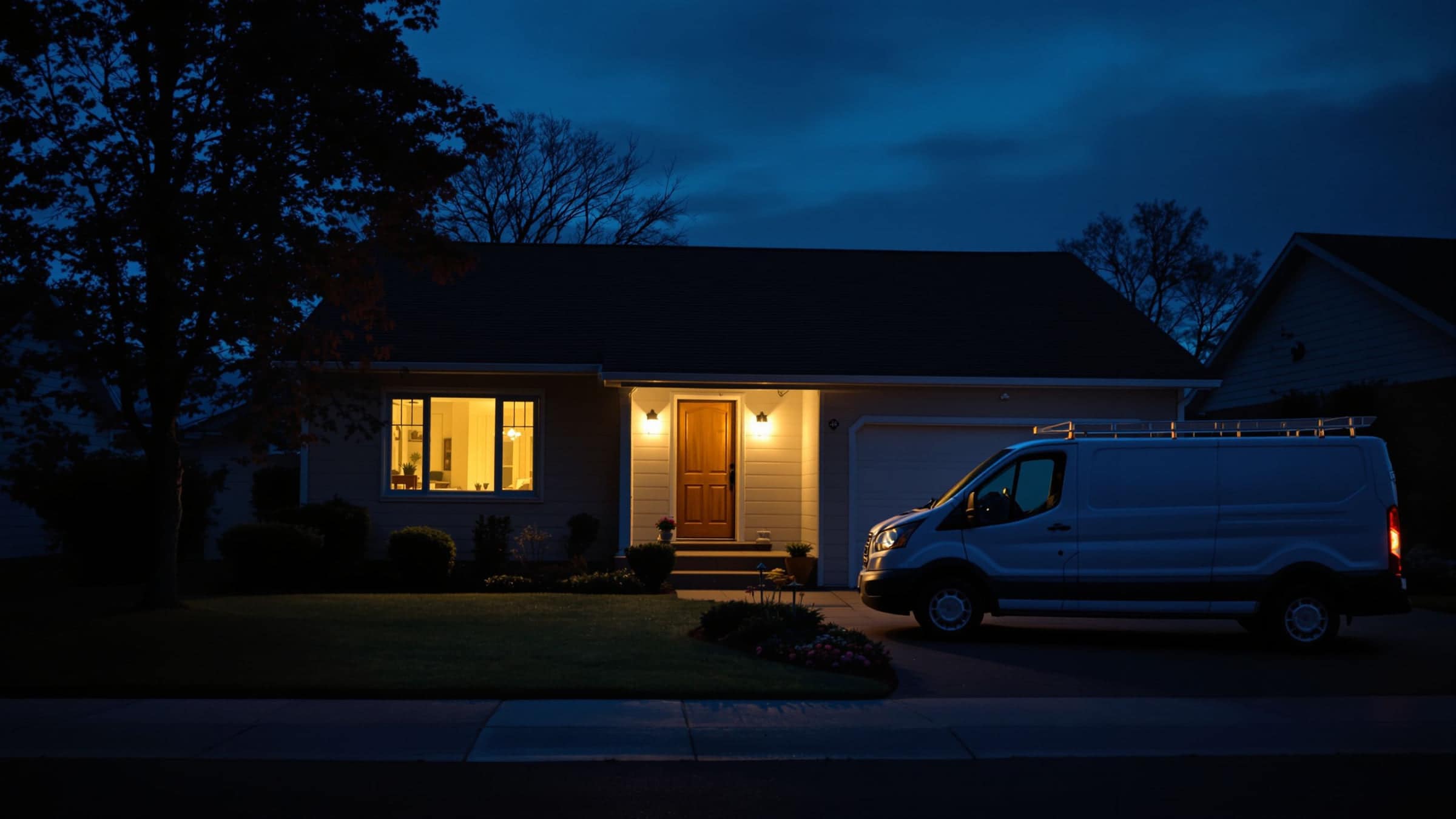 A house at dusk with warm lights on in the windows.