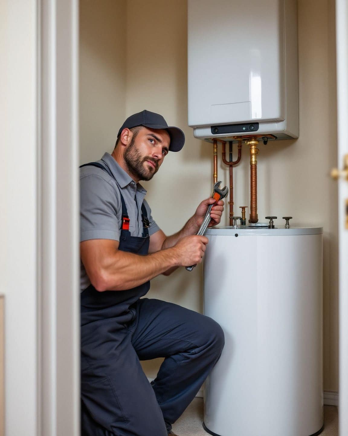 A plumber checks the valves on a water heater inside a utility closet.